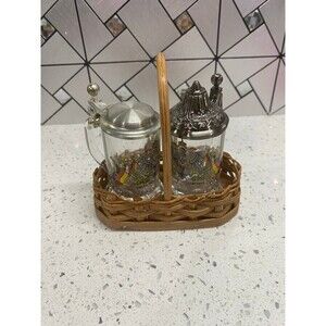 Miniature German Bockling Glass Beer Steins - Set Of 2 With Wicker Basket